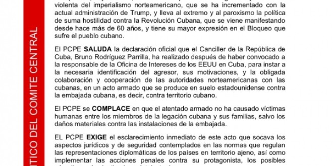 Comunicado del PCPE sobre el atentado contra la embajada cubana en Washington